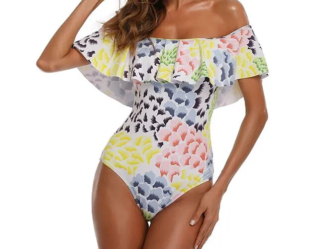 European and American Swimwear Big One Shoulder Shell Print European and American One Piece Bikini - Yellow