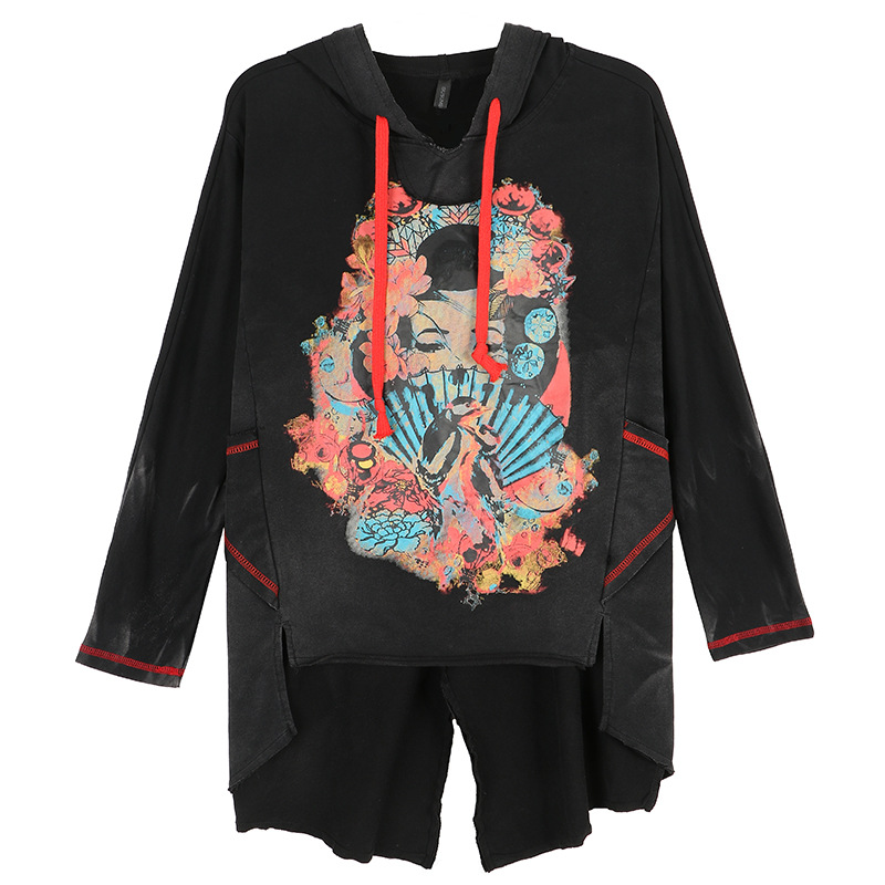 Women's hooded T-shirt European and American printing tide brand loose hooded sweater female autumn hip hop women's long section