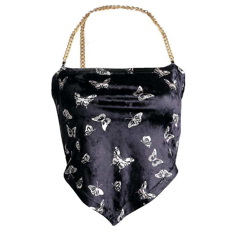 Camisole with butterfly print velvet chain and a collarless halter sexy vest