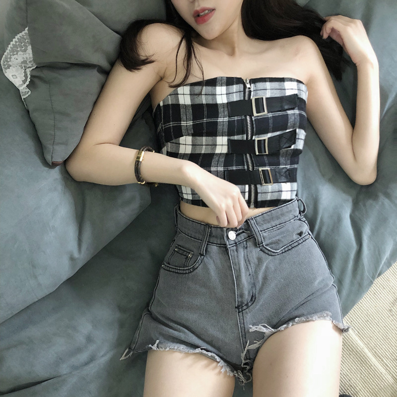 Plaid tube top, zipper, velcro, slim, slim, wearable