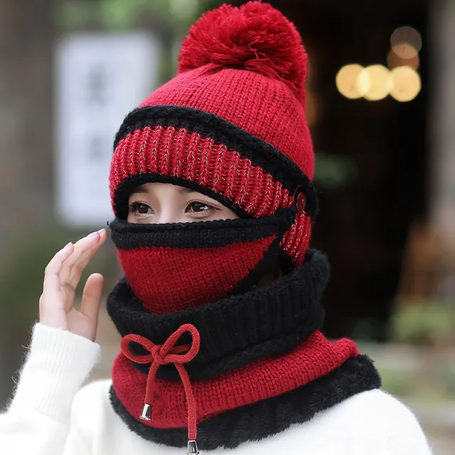 Hat Female Winter Wool Hat Outdoor Thick Warm Winter Hat Riding Windproof Hat Bib Mask Cap Head Cap Gules - Shop at LoveMi