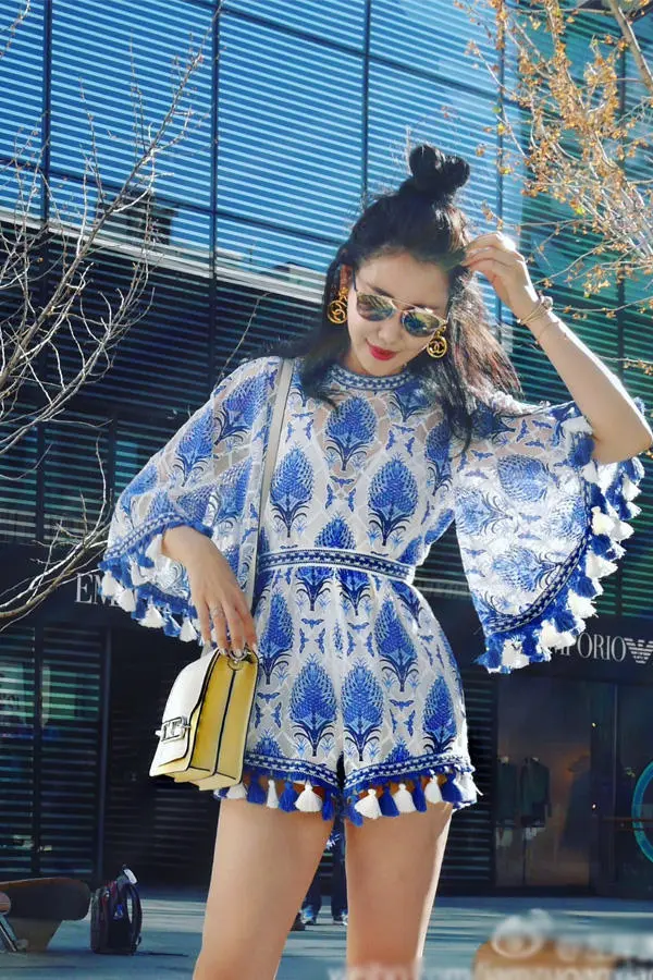 Lace embroidered trumpet sleeves fringed dress pants Blue - Shop at LoveMi