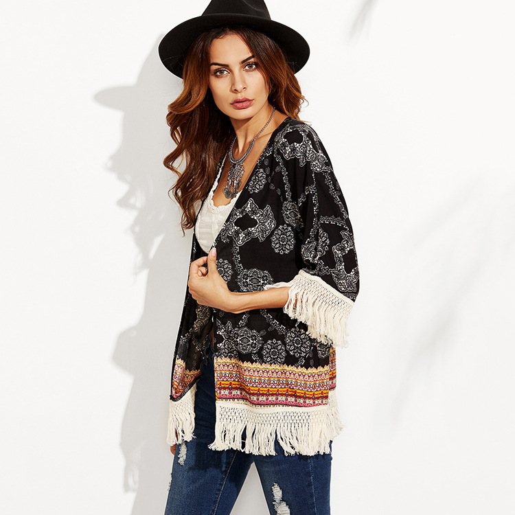 Large size women's print summer beach blouse tassel outside cardigan