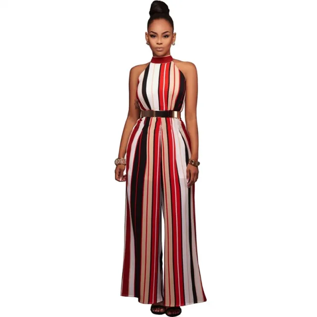 Summer Romper Women Jumpsuit Sexy Ladies Casual Elegant Loose Office Sleeveless Striped Halter Long Plus Size Overalls Red - Shop at LoveMi