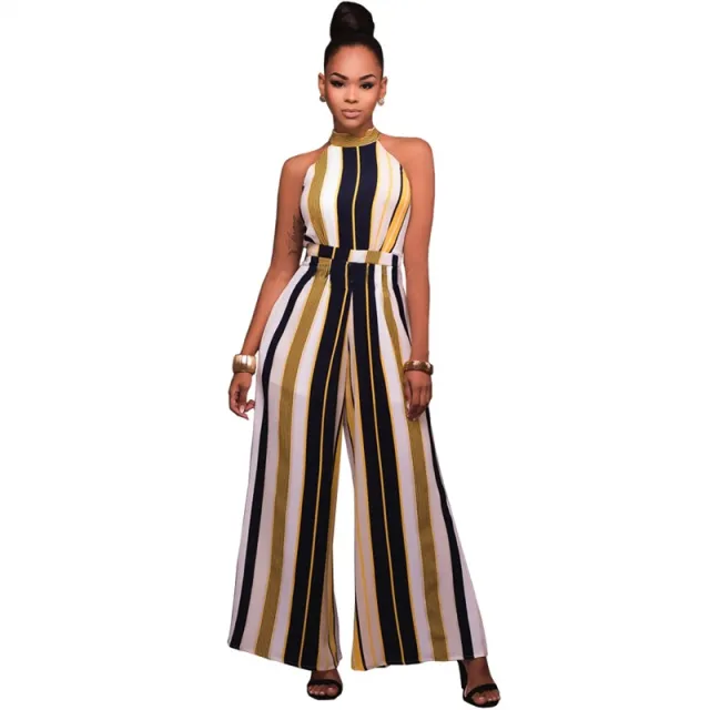Summer Romper Women Jumpsuit Sexy Ladies Casual Elegant Loose Office Sleeveless Striped Halter Long Plus Size Overalls Yellow - Shop at LoveMi