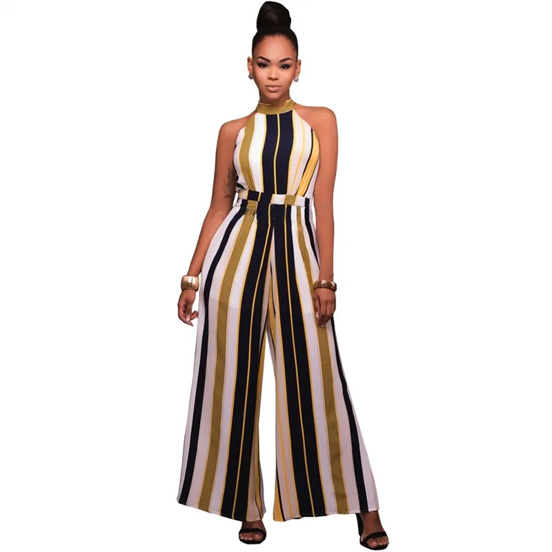 Summer Romper Women Jumpsuit Sexy Ladies Casual Elegant Loose Office Sleeveless Striped Halter Long Plus Size Overalls - Yellow
