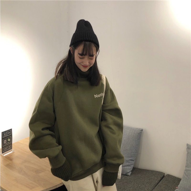 Autumn and winter Korean version of the new loose long-sleeved stitching high collar letter set head chic sweater women's shirt coat thick
