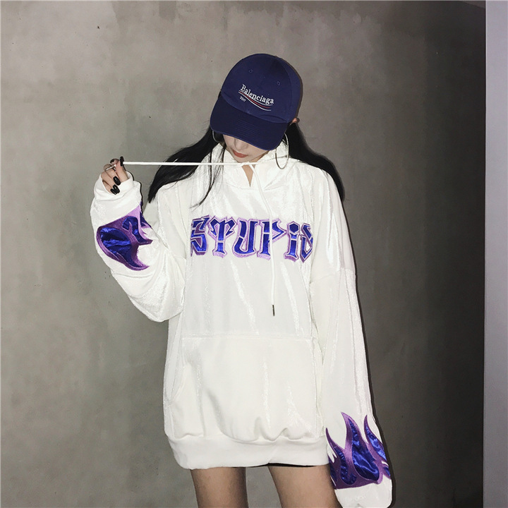 new Korean version of Harajuku high-end embroidery flame letter plus velvet drawstring hooded velvet sweater
