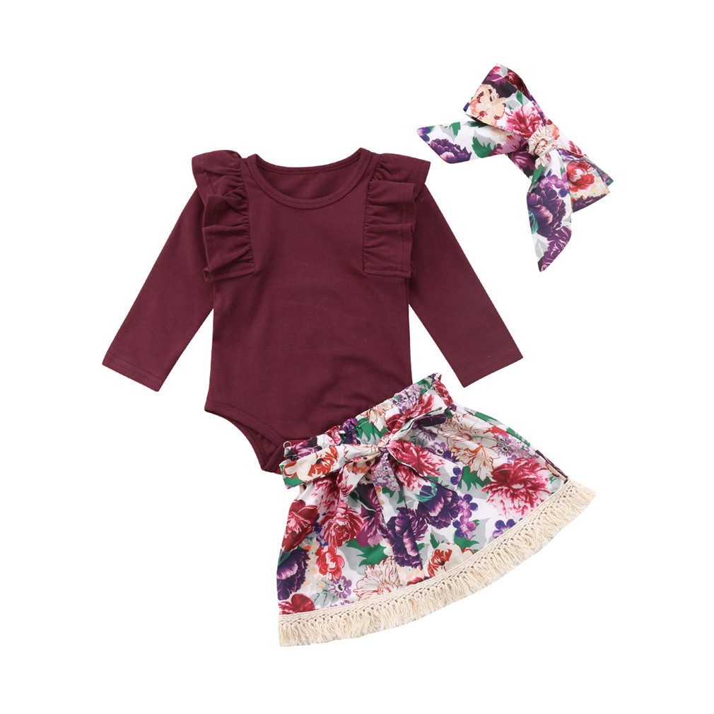 Ramia Ruffle Set Toddler Baby Girls Ruffles Long Sleeve Tops Romper Floral Skirts Headband Outfit Clothes