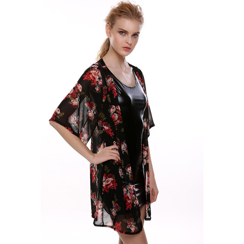 Long chiffon kimono sun protection clothing cardigan in rose