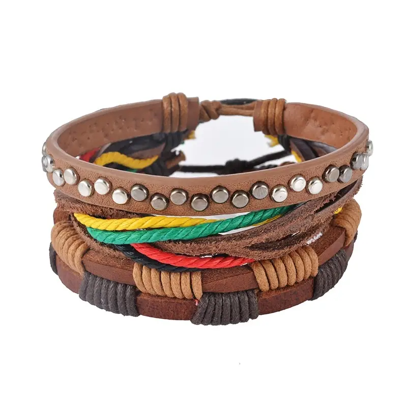 Leather Bracelet Men Multilayer Bead Punk Wrap Bracelets