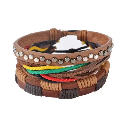 Leather Bracelet Men Multilayer Bead Punk Wrap Bracelets