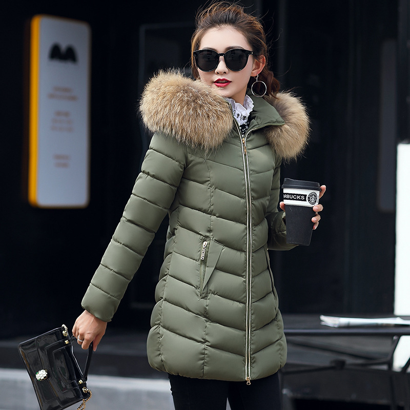 Mid length Slim Cotton Jacket Large Fur Collar Down Jacket Army Green - Shop at LoveMi