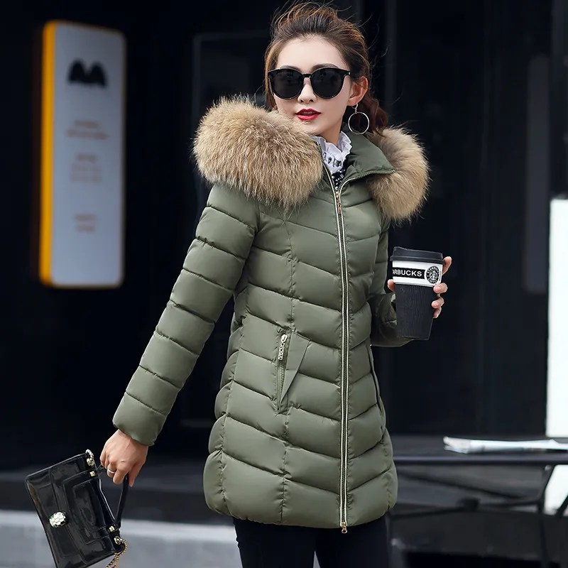 Mid-length Slim Cotton Jacket Large Fur Collar Down Jacket - Green
