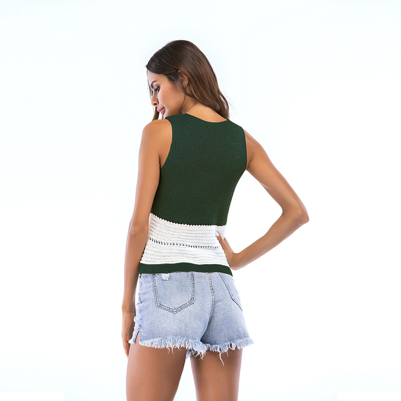 Hook flower hollow color matching V-neck thin section knit top sleeveless vest