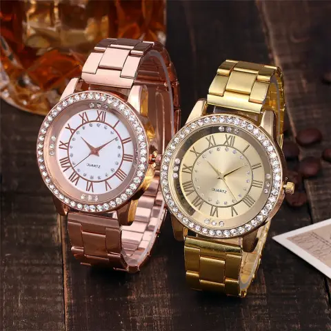 Vansvar Brand Rose Gold Watch Luxury Women Dress Rhinestone