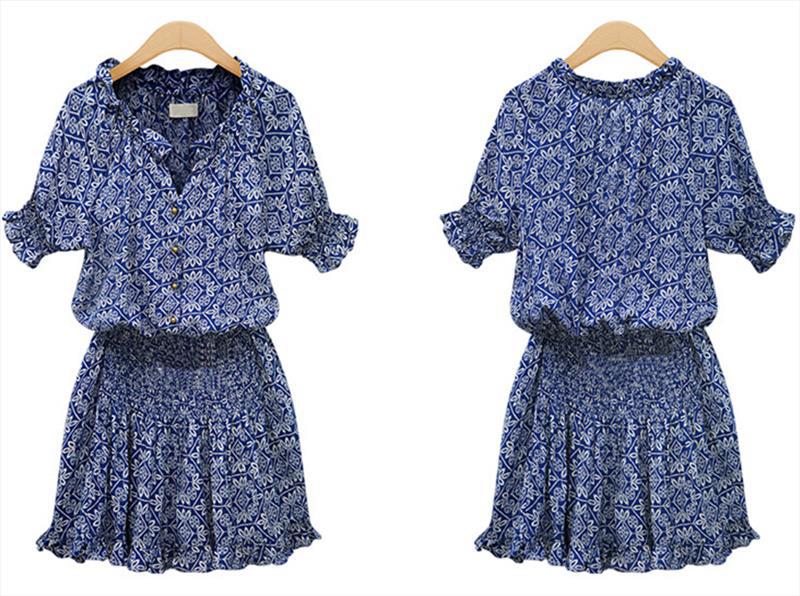 Short sleeve printed cotton casual versatile V-neck button dress