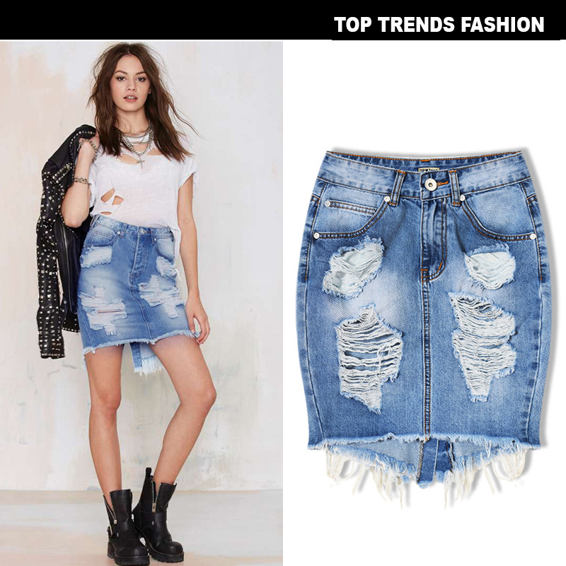 European and American women's high waist slim hole ladies denim bag hip skirt irregular sexy hem tail after split