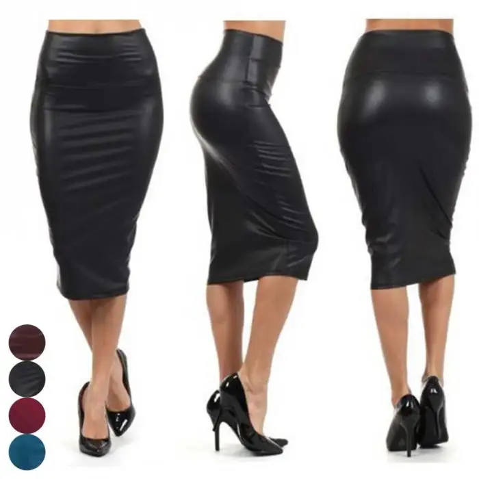 Newly Women High Waist Faux Leather Pencil Skirt Bodycon