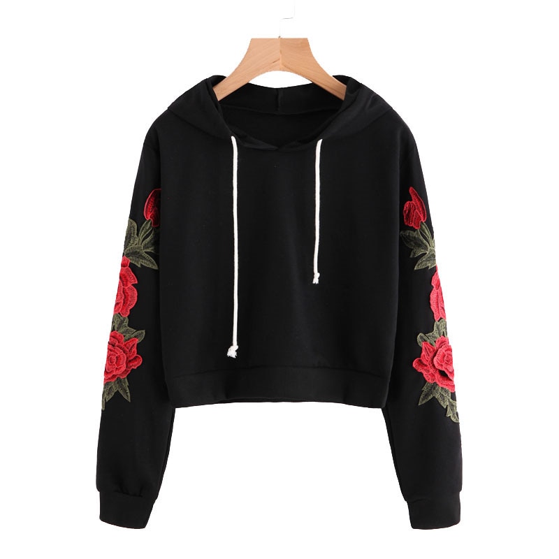 Embroidered Rose Applique Sleeve Hoodie Autumn Long Sleeve Casual Pullovers Women Black Sweatshirt