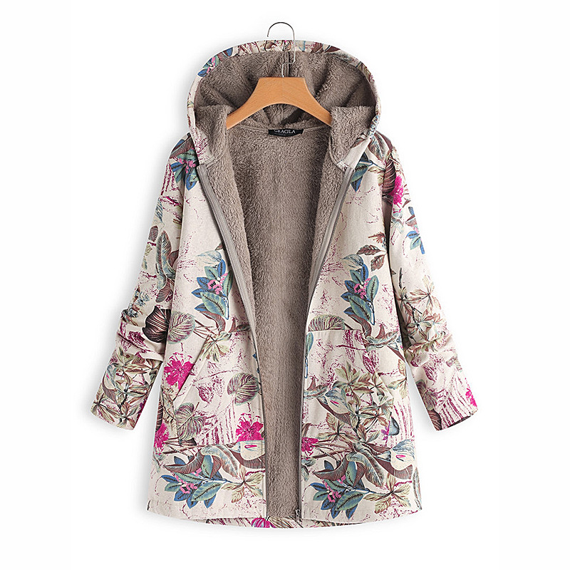Europe and the United States new women's cotton and linen printed hooded sweater warm plush jacket