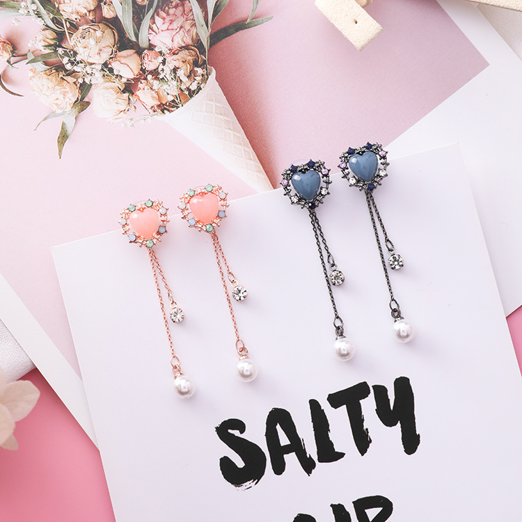 925 Silver Needle Full Diamond P  Love Pearl Tassel Earrings Long Sweet Girl Earrings Japanese And Korean Fashion Earrings