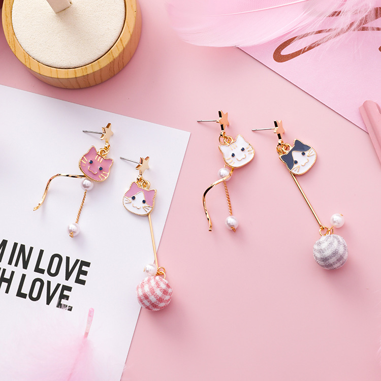 Cat Pearl Asymmetric Earrings Fabric Plaid Ball Drop Earrings