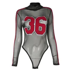 Europe and the United States autumn and winter new mesh bottoming shirt long-sleeved sexy perspective stripes bodysuit onesies - Black - View 1
