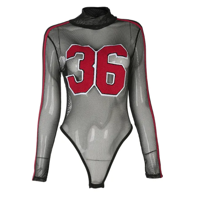 Europe and the United States autumn and winter new mesh bottoming shirt long sleeved sexy perspective stripes bodysuit onesies Black - Shop at LoveMi