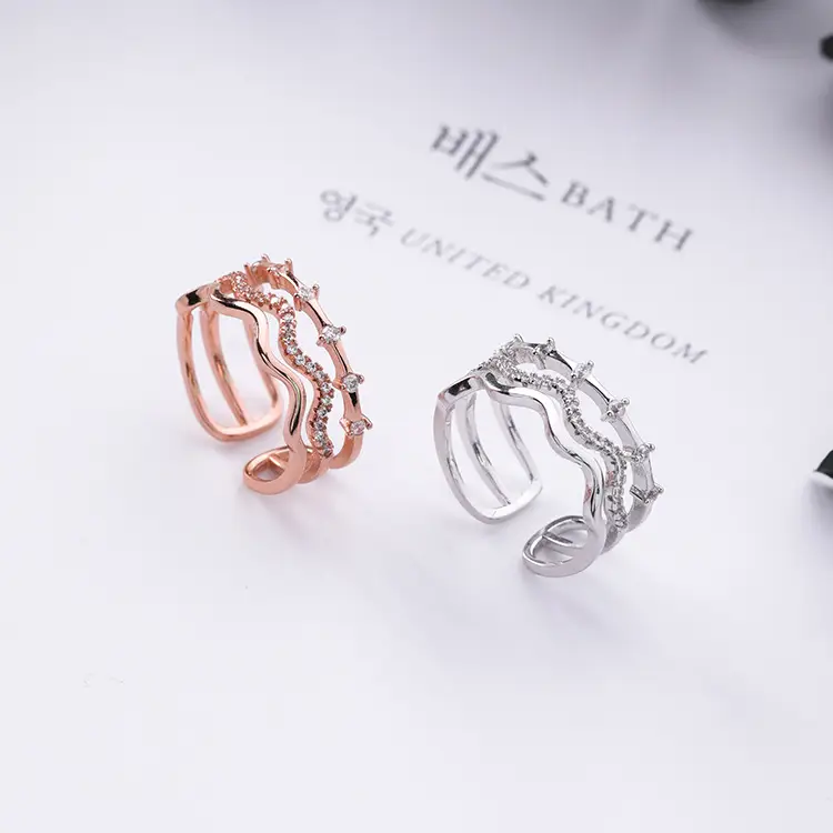 Three-layer wave opening micro-inlaid zircon ring in the index finger decorative ring