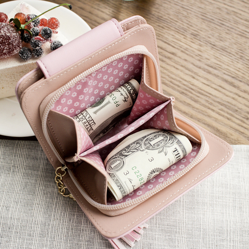 Cute Cat Ears Leather Short Tassel Women Wallet Small Day Clutch Trifold Female Purse ID Coin Card Holder Mini Bag