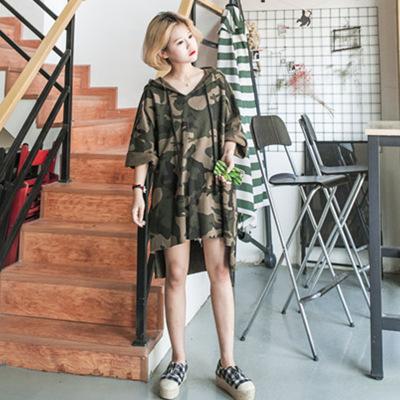Autumn and summer new ultra-loose camouflage coat long-sleeved hooded sweater female middle long student Harajuku style