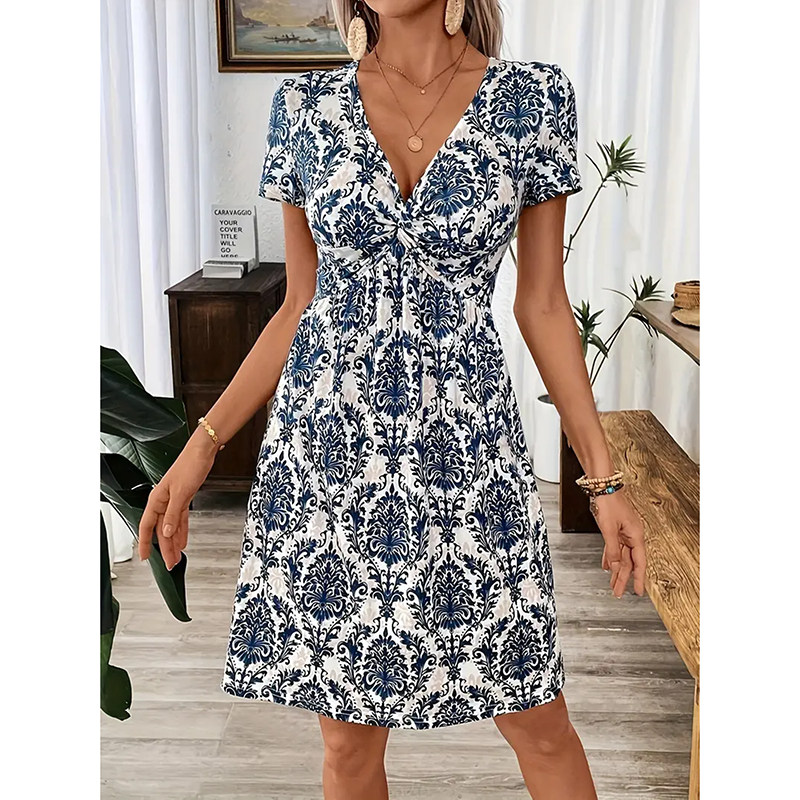 Women's Vibrant Leopard Print Twist Front V Neck Casual Summer Short Sleeve Bodycon Mini Dresses Pattern4 - Shop at LoveMi