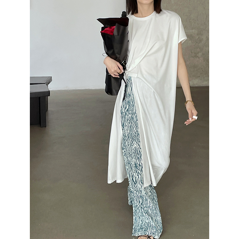 New Women's Solid Color Irregular Pleated Waist Slim Slit Dress