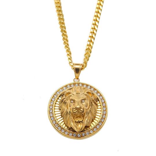 New Stainless Steel High-quality Lion Head Diamond Inlaid Three-dimensional Round Pendant