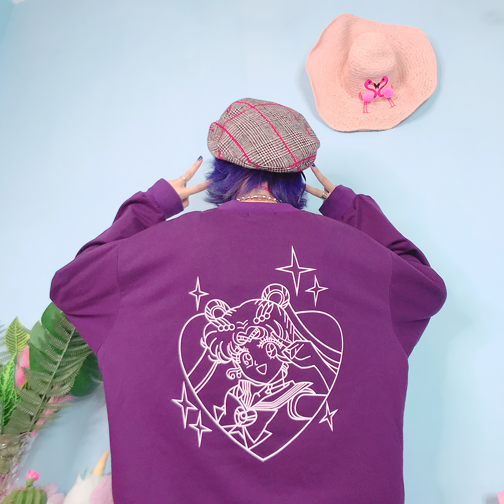 Japanese Harajuku Wind Girl Heart Laser Moon Loose Cartoon Print Top Sweatshirt