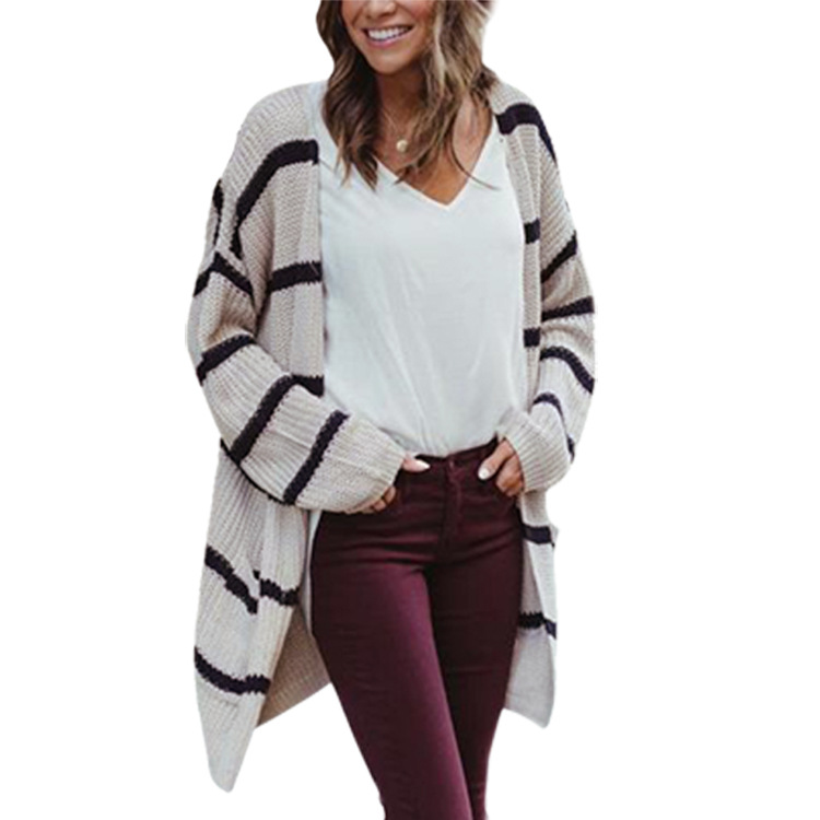 Mid-length striped colorblock knit cardigan sweater