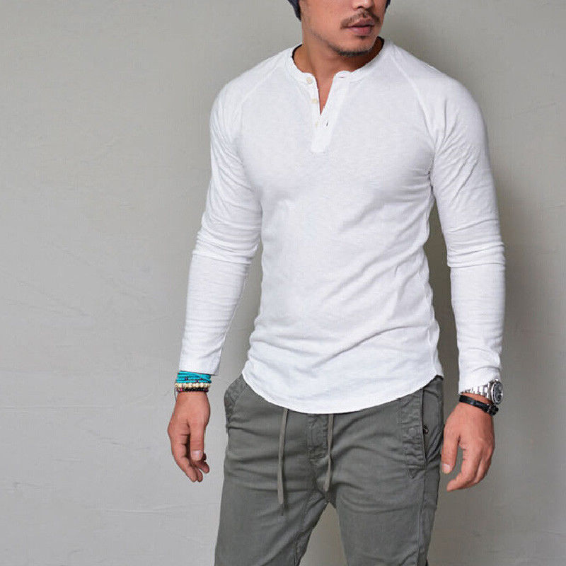 Autumn and winter round neck solid color button long-sleeved t-shirt men's t-shirt