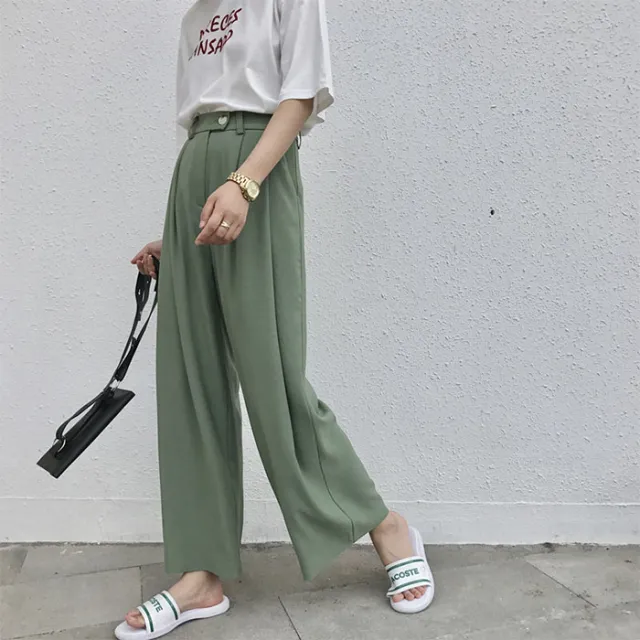 summer new women's slim legs long chiffon wide leg pants Korean black wild suit trousers women Green - Shop at LoveMi