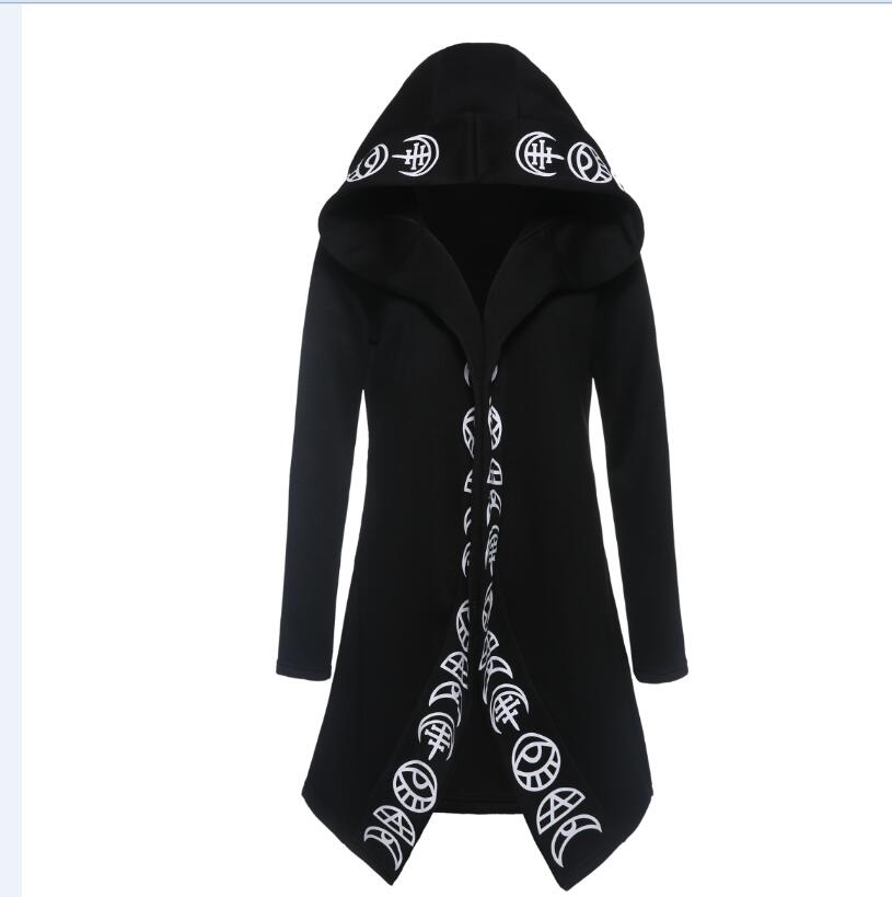 European and American explosions punk wind moon print long-sleeved hooded cardigan sweater long section