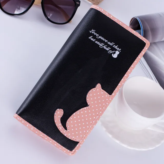 Korean version of the women's wallet long Korean version of the cute contrast color cat polka dot student zipper wallet wallet Black - Shop at LoveMi