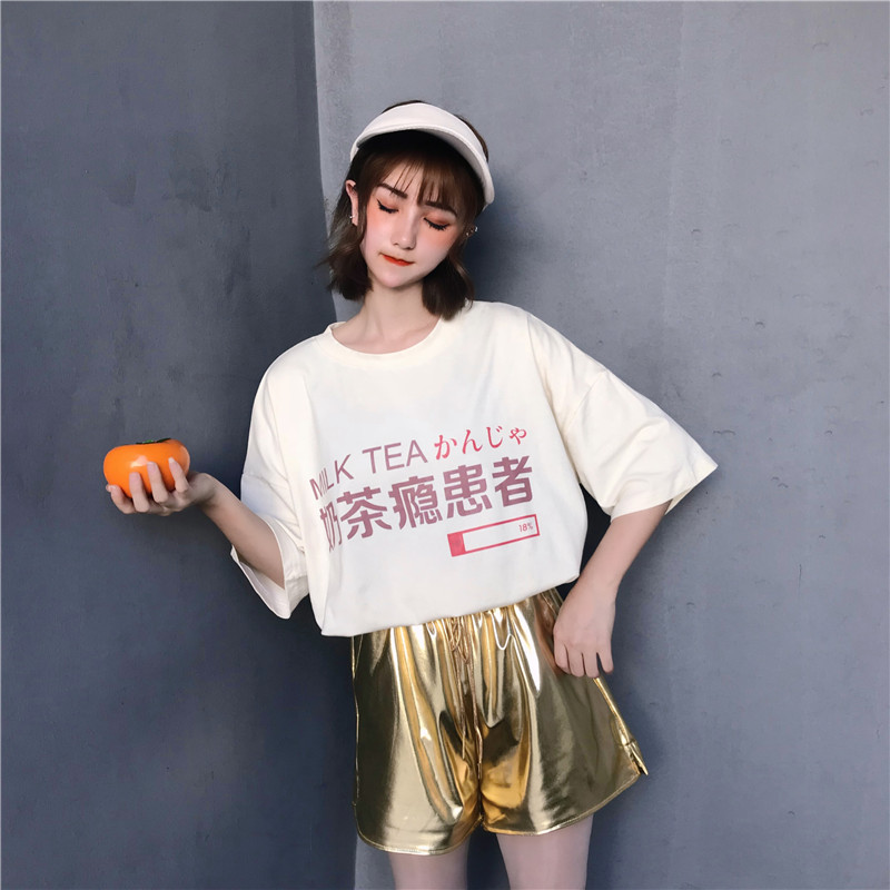 Install The New Korean Version Of The  Text Milk Tea Addiction Patient Print T-shirt Loose Wild Slimming Girlfriends Shirt