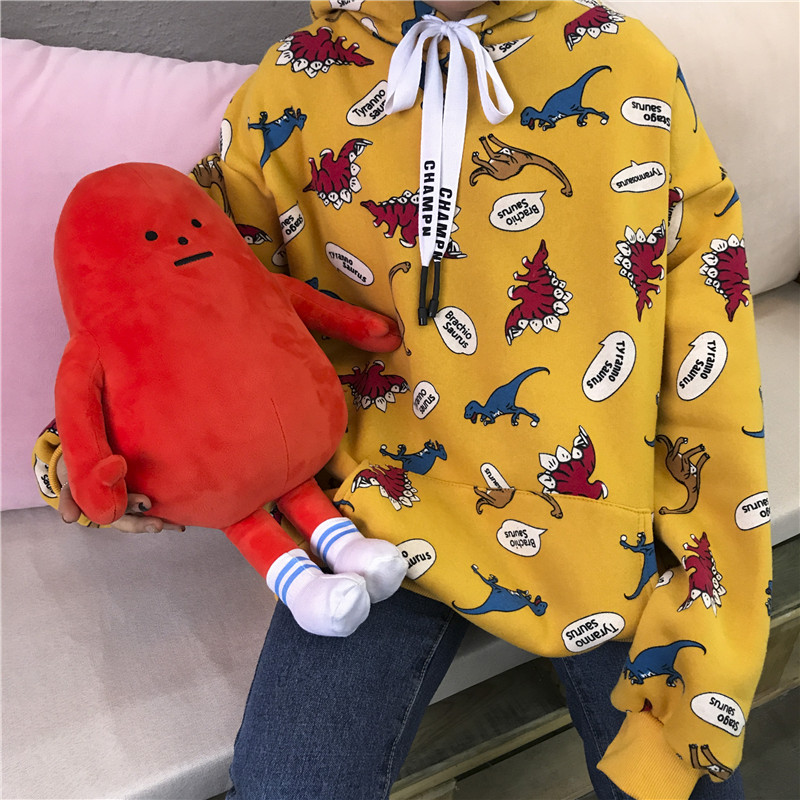 autumn new Japanese sweet student loose coat small dinosaur print hooded sweater casual blouse