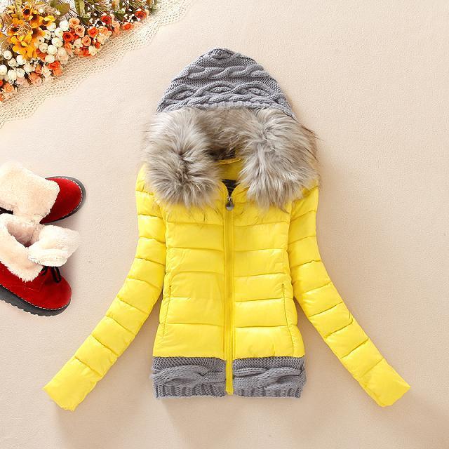 Wool stitching cotton coat fur collar hooded slim cotton short coat