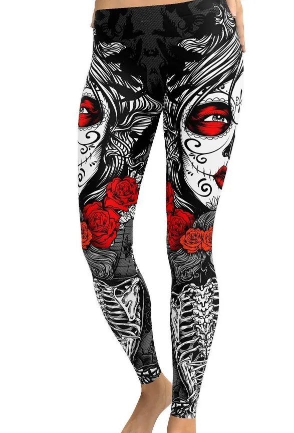 Large size skull print tattoo tight pants Halloween pants Black - Shop at LoveMi