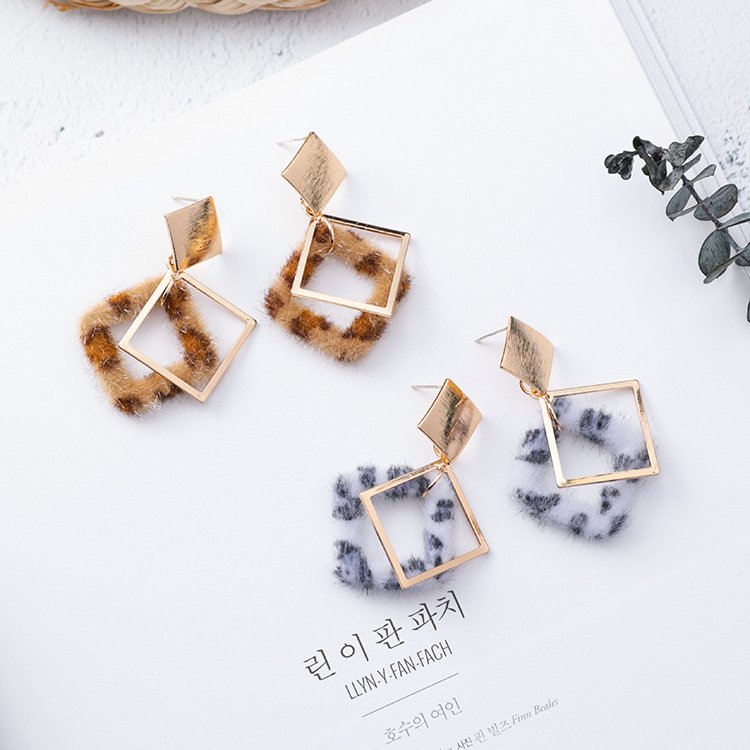 Leopard-printed geometric earrings metal square long earrings