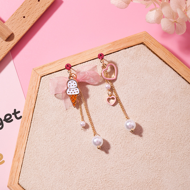Korean summer sweet ice cream chiffon bow love asymmetrical long tassel earrings girl heart earrings