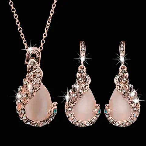 Women Elegant Waterdrop Rhinestone Pendant Necklace Hook Earrings Jewelry