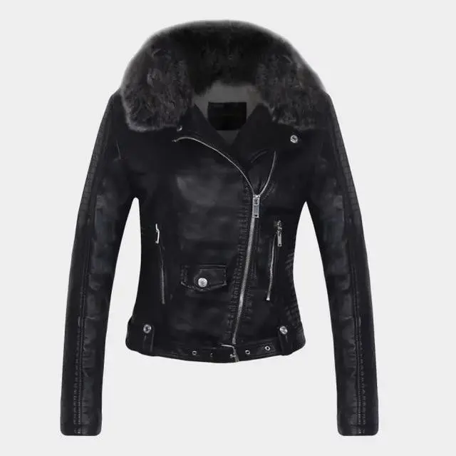 DETACHABLE FUR COLLAR WARM FAUX LEATHER JACKET Black - Shop at LoveMi