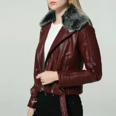DETACHABLE FUR COLLAR WARM FAUX LEATHER JACKET - Brown - View 1